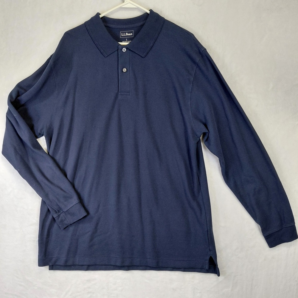 LL Bean Mens Navy Blue Long Sleeve Pique Cotton Polo Shirt Large 236477